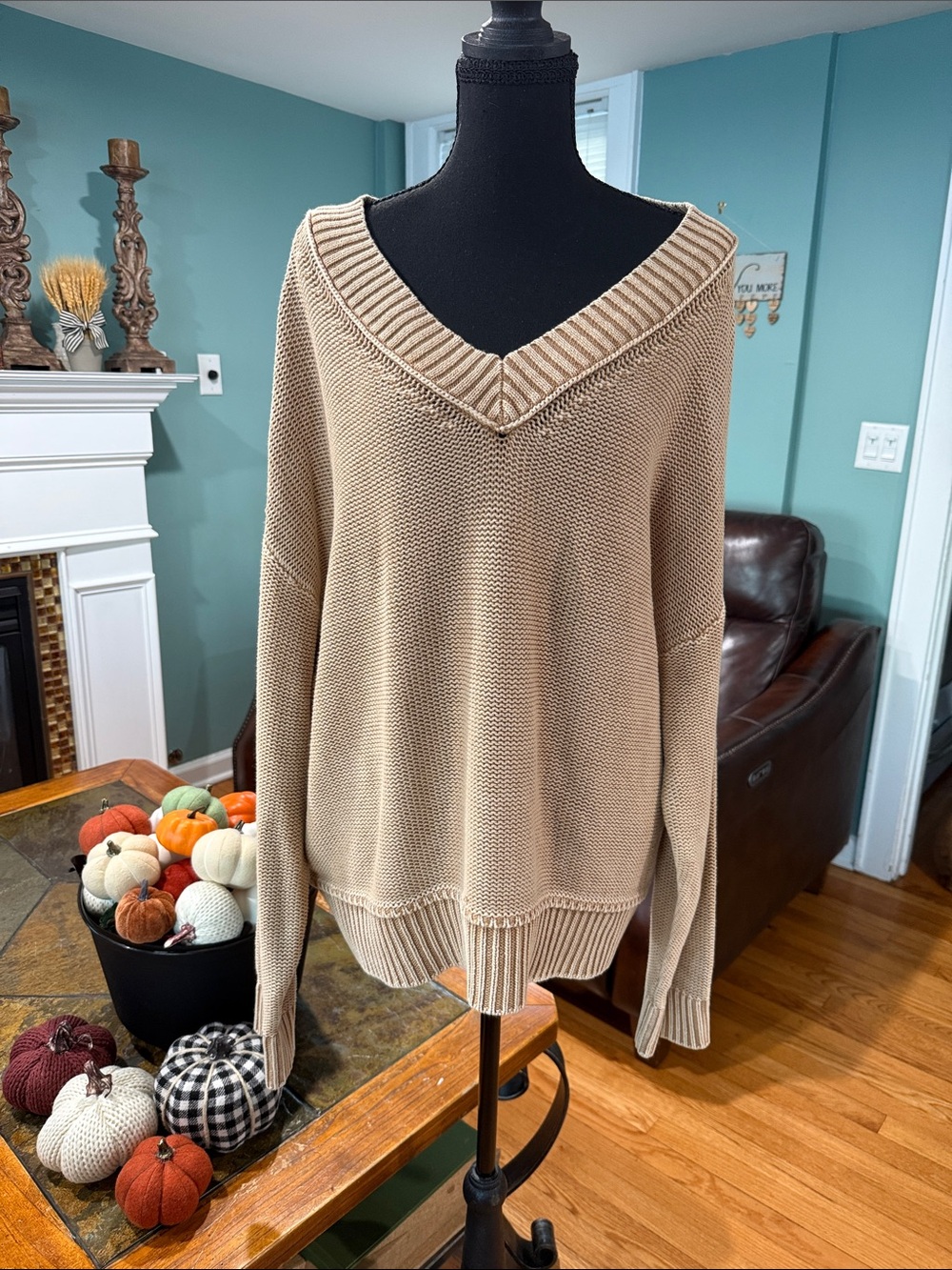 American Eagle NWT cozy oversized vneck sweater tan beige camel 100% Cotton